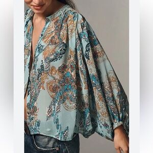 PILCRO NWT "The Sidney" Contemporary Batwing Teal/Tan Artsy Paisley Blouse SZ LP